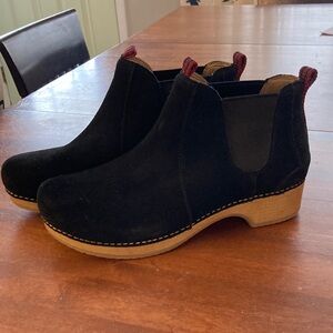Dansko Black Suede becca booties with Tan sole